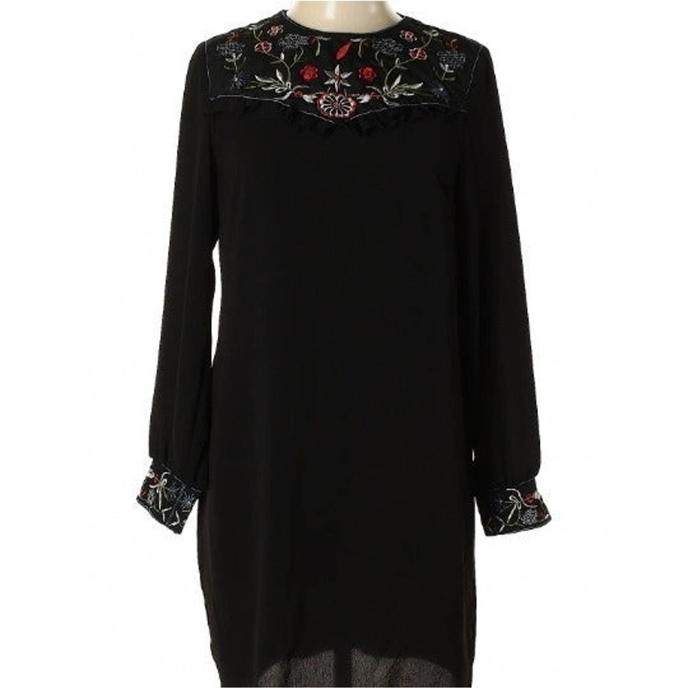 Boho Embroidered Dress Tunic Folk Art Cuff Black RETRO FLORAL PRAIRIE